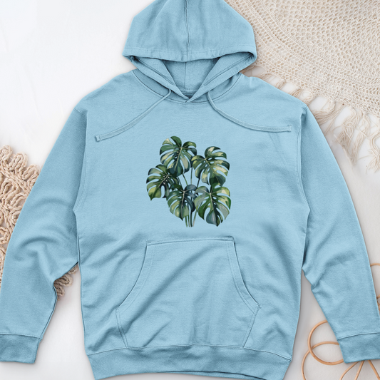 Watercolor Tropical Monstera Plant Midweight Hooded Sweatshirt